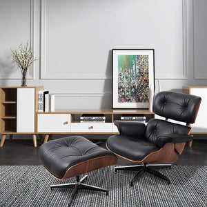 Homeroots 35" Black Tufted Leather And Brown Swivel Lounge Chair With Ottoman   526376
