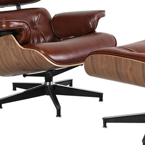 Homeroots 35" Brown Tufted Genuine Leather Swivel Lounge Chair With Ottoman   526377