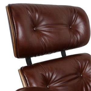 Homeroots 35" Brown Tufted Genuine Leather Swivel Lounge Chair With Ottoman   526377