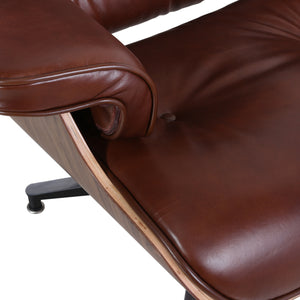 Homeroots 35" Brown Tufted Genuine Leather Swivel Lounge Chair With Ottoman   526377