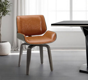 HomeRoots Gray Upholstered Faux Leather Arm Chair – Modern Swivel Dining Seating with Sturdy Wood Legs Brown 526378