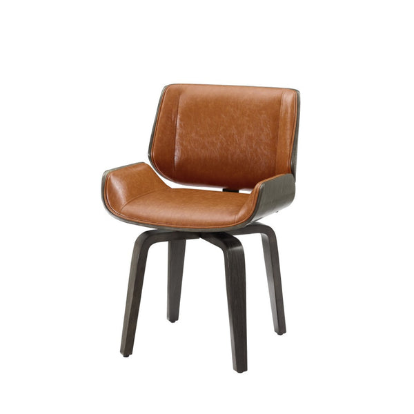 HomeRoots Gray Upholstered Faux Leather Arm Chair – Modern Swivel Dining Seating with Sturdy Wood Legs Brown 526378