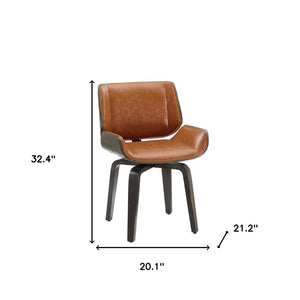 HomeRoots Gray Upholstered Faux Leather Arm Chair – Modern Swivel Dining Seating with Sturdy Wood Legs Brown 526378