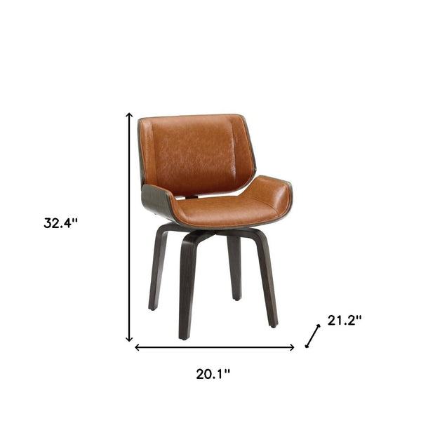 HomeRoots Gray Upholstered Faux Leather Arm Chair – Modern Swivel Dining Seating with Sturdy Wood Legs Brown 526378