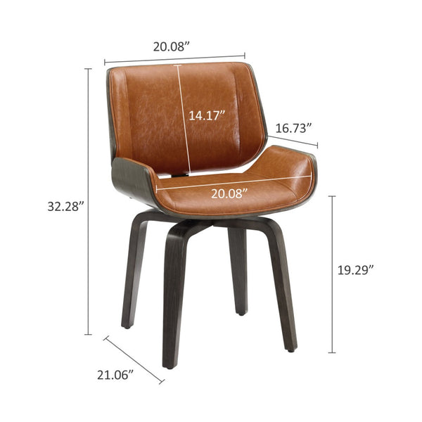HomeRoots Gray Upholstered Faux Leather Arm Chair – Modern Swivel Dining Seating with Sturdy Wood Legs Brown 526378