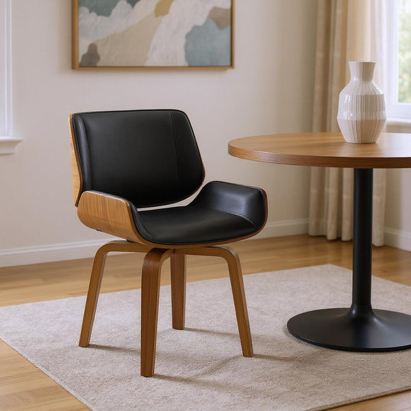 HomeRoots Gray Upholstered Faux Leather Arm Chair – Modern Swivel Dining Seating with Sturdy Wood Legs Black 526379