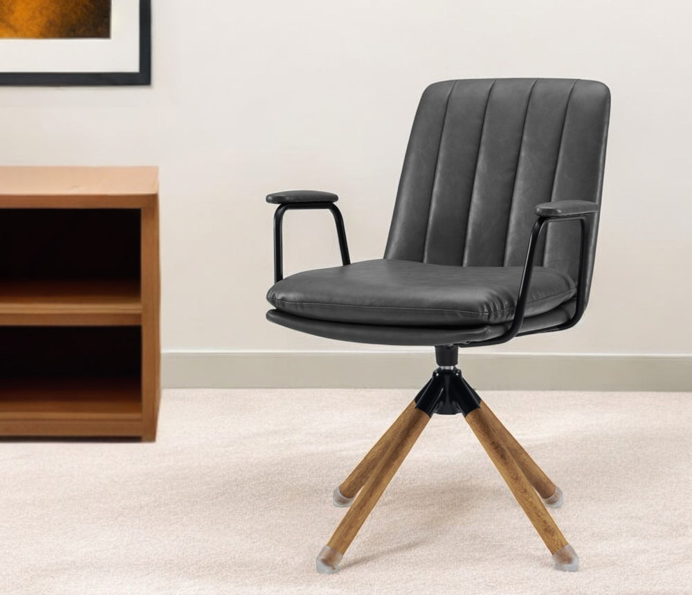 Homeroots 23" Gray And Natural Faux Leather Swivel Arm Chair   526380