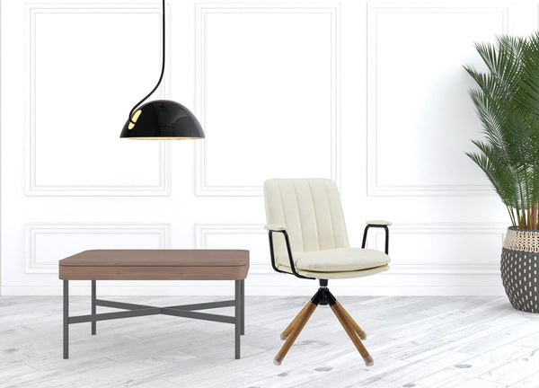 Homeroots 23" Off White Faux Leather And Brown Swivel Arm Chair   526381