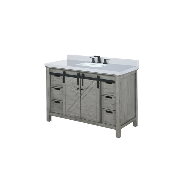 English Elm Ash Grey Bath Vanity With White Quartz Top, Matte Black Faucet, Soft-Close Drawers & Storage Solutions B2731P260125