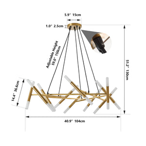 English Elm 41" Golden Modern Chandelier Light Fixture, 20-G9 Frosted Tubes, Iron Acrylic Branch Design, Adjustable Pendant for Dining Room or Kitchen Island W1340P233169