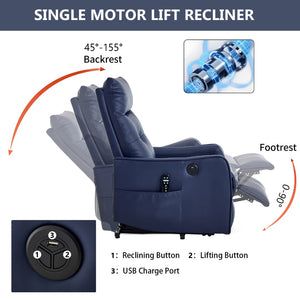 English Elm Deep Blue Pu Leather Power Lift Recliner with Massage Heat and Usb for Seniors W1803P364111