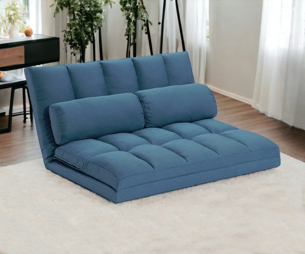 HomeRoots 45" Blue Futon Sleeper Loveseat - Stylish Convertible Comfort with Toss Pillows for Small Spaces 526458