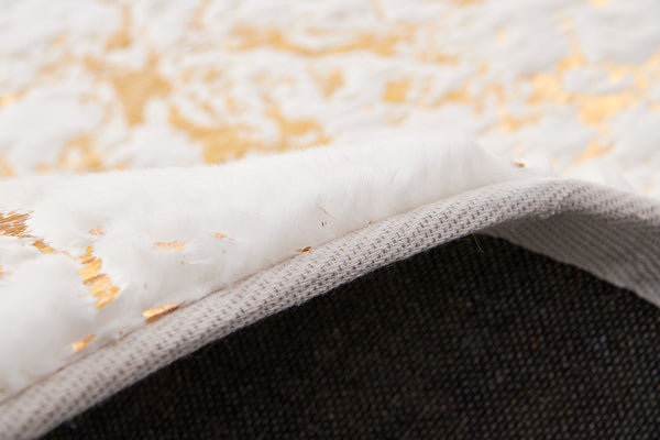 English Elm Luxury Faux Fur Area Rug - Plush White & Gold-Gilded Abstract Design, Machine Washable & Durable B030P233662