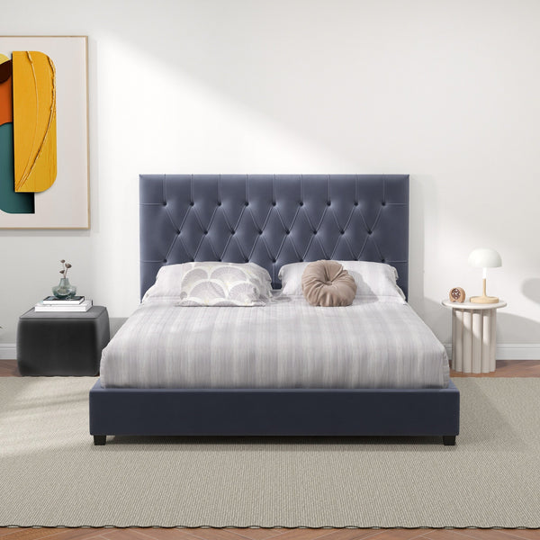 English Elm Ashcroft Furniture - Donald Mid Century Modern Grey Velvet Queen Platform Bed With Tall Tufted Headboard For Luxury Sleep B183S00062