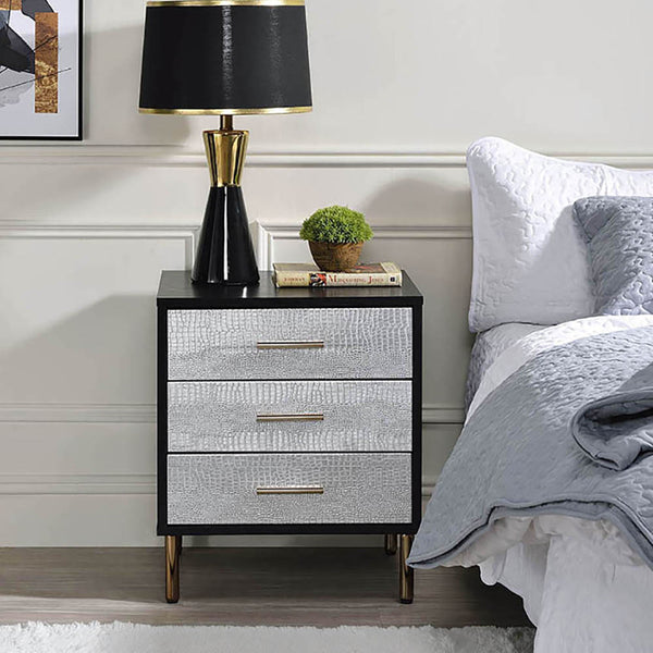 English Elm Black, 3-Drawer Nightstand with Decorative Fronts, Metal Glides, 2/3 Extension, Sleek Black Silver Gold Finish B062P189251