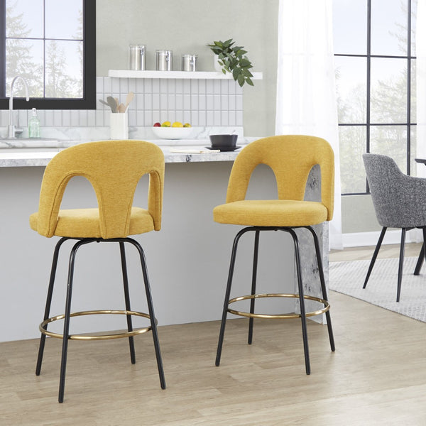 English Elm Fixed-height Swivel Counterstools with White Upholstery Gold Footrest Set of 2 Yellow B202S01785