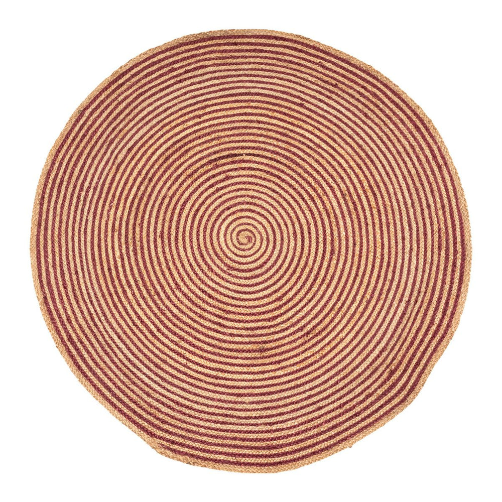 Homeroots 4' Burgundy Jute Braided Stripe Round Rug - Stylish, Soft Texture For Your Modern Home Décor!  Jute 526639