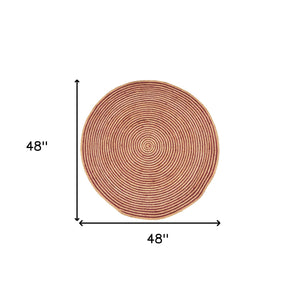 Homeroots 4' Burgundy Jute Braided Stripe Round Rug - Stylish, Soft Texture For Your Modern Home Décor!  Jute 526639