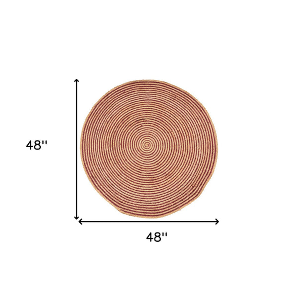 Homeroots 4' Burgundy Jute Braided Stripe Round Rug - Stylish, Soft Texture For Your Modern Home Décor!  Jute 526639