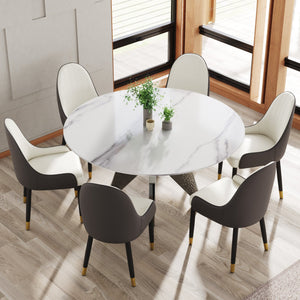 English Elm 59.05" Round Marble Dining Table With Silver Base – Modern Artificial Marble For 6-8 Guests, Chic Design W1535S00394