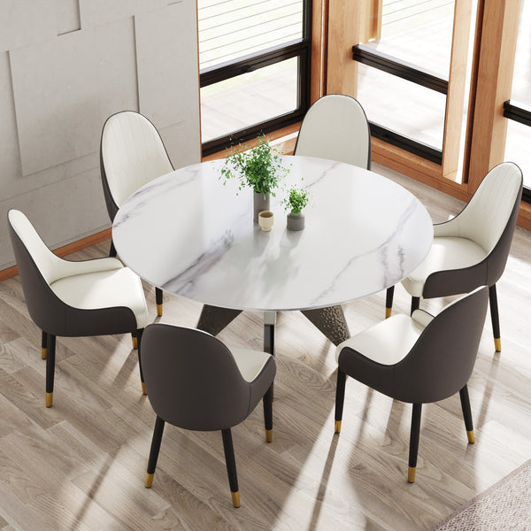English Elm 59.05" Round Marble Dining Table With Silver Base – Modern Artificial Marble For 6-8 Guests, Chic Design W1535S00394