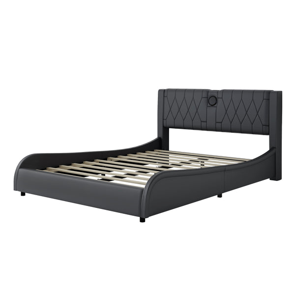 English Elm Queen Luxurious Faux Leather Platform Bed with Thick Headboard, Bluetooth Speakers & RGB Ambience Lights Black 62.6 L x 19.69 W x 12.99 H N701P241047B