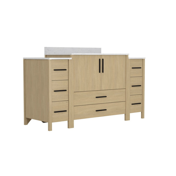 English Elm 108"w×22"d×34"h Freestanding Double Sink Vanity with White Countertop Soft Close T3785S00004