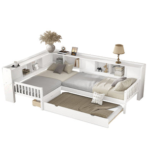 English Elm L-shaped Twin Platform Bed with Trundle, Solid Wood Corner Sleeper with Drawers, Shelves, No Box Spring Needed White W1580S00259