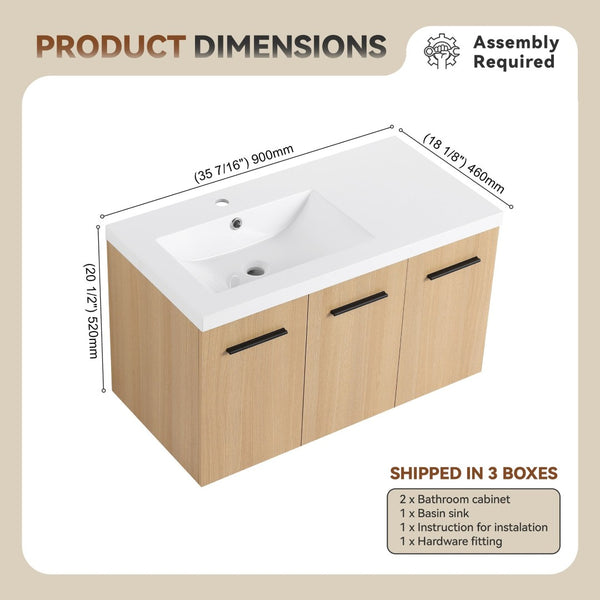 English Elm 36" Floating Bathroom Vanity Light Oak Modular Cabinet with Gel Coat Integrated Sink W3450S00076
