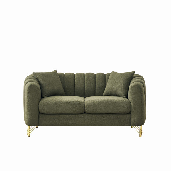 English Elm 63" Chenille Loveseat Sofa Luxury 2-Seater Deep Tufted Couch with Gold Metal Legs and Pillows Green W3373S00054