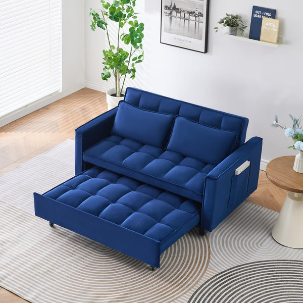 English Elm The 55-inch Blue Velvet Sofa Bed with Tufted Design, 2-Seater Convertible Couch, Durable 500lb Frame W3371P314998