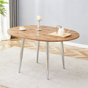 English Elm With Retractable Leaf Round Oval Mdf Top and Sleek Metal Legs Modern Dining Table Silver,Wood W1151S03944