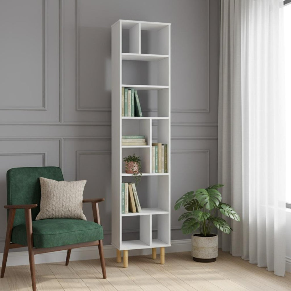 HomeRoots 71" White Wood Ten-Tier Geometric Bookcase - Modern, Space-Saving Storage for Stylish Home Decor 526862