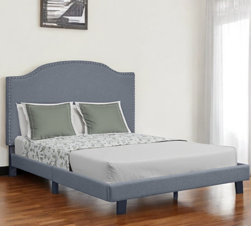 HomeRoots Gray Upholstered Bed Frame with Elegant Nailhead Trim - Modern Design for Stylish Bedroom Decor Queen 526865