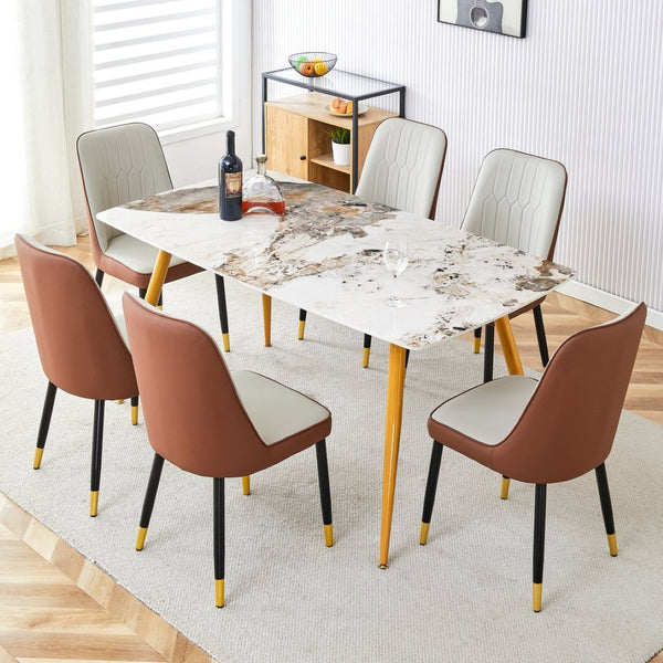 English Elm Table Set: Modern Minimalist Dining Table With Imitation Marble Top & 6 Pu Chairs For Stylish Comfort W1151S01679-GIGA