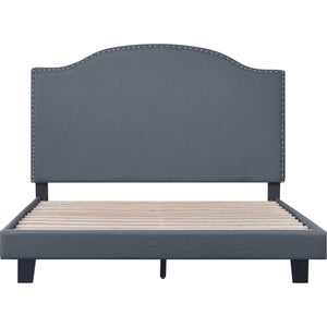 Homeroots Gray Upholstered Bed Frame With Elegant Nailhead Trim - Stylish Comfort For Your Dreamy Retreat King Wood 526866