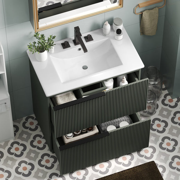 English Elm Christopher Knight Home® - 30" Bathroom Vanity With Elegant Ceramic Sink, Soft-Close Drawers & Fluted Green Design For Modern Spaces N817P295760G
