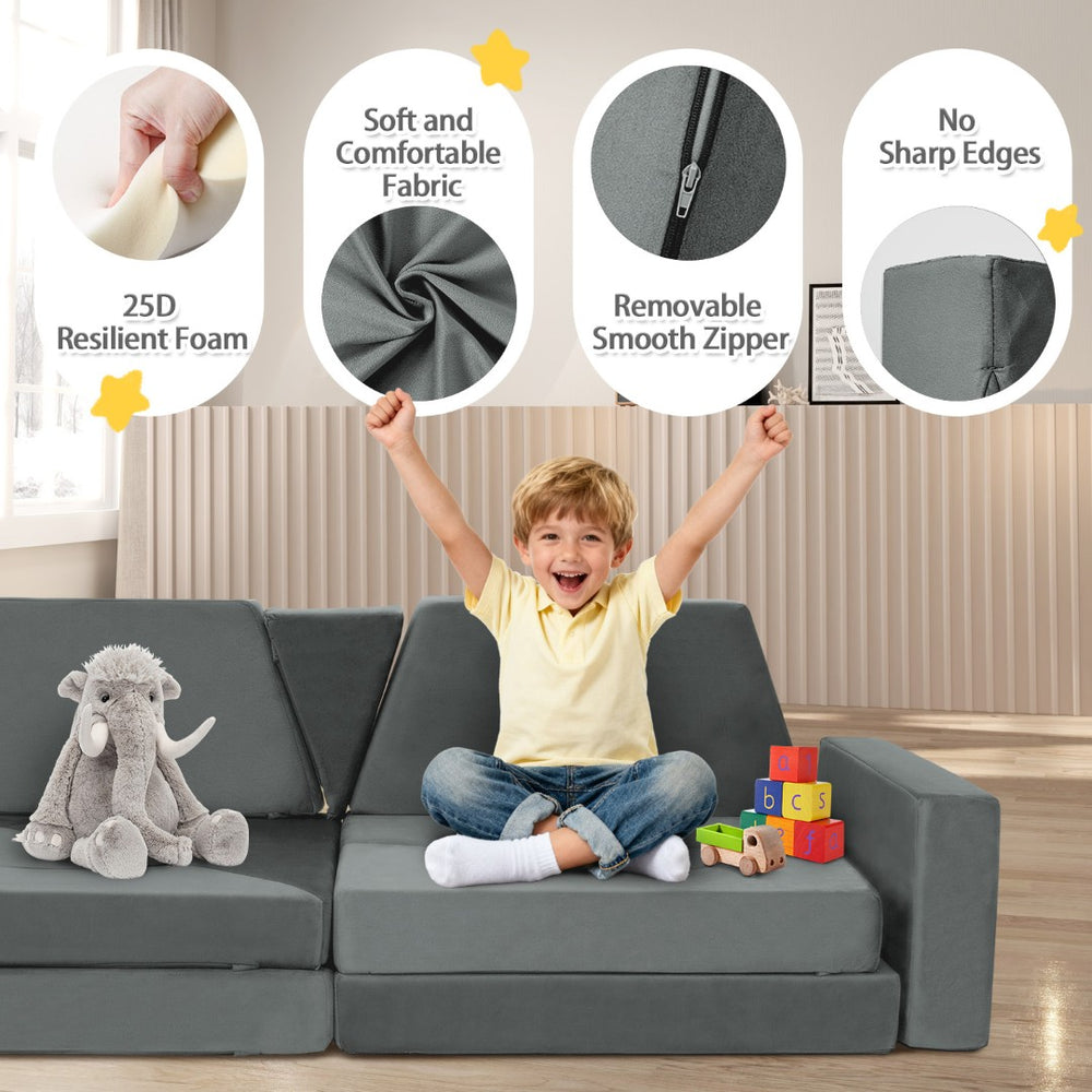 English Elm 14pcs Modular Foam Play Couch Set Convertible Toddler Fort Builder for Playrooms Light Gray T5880P493447
