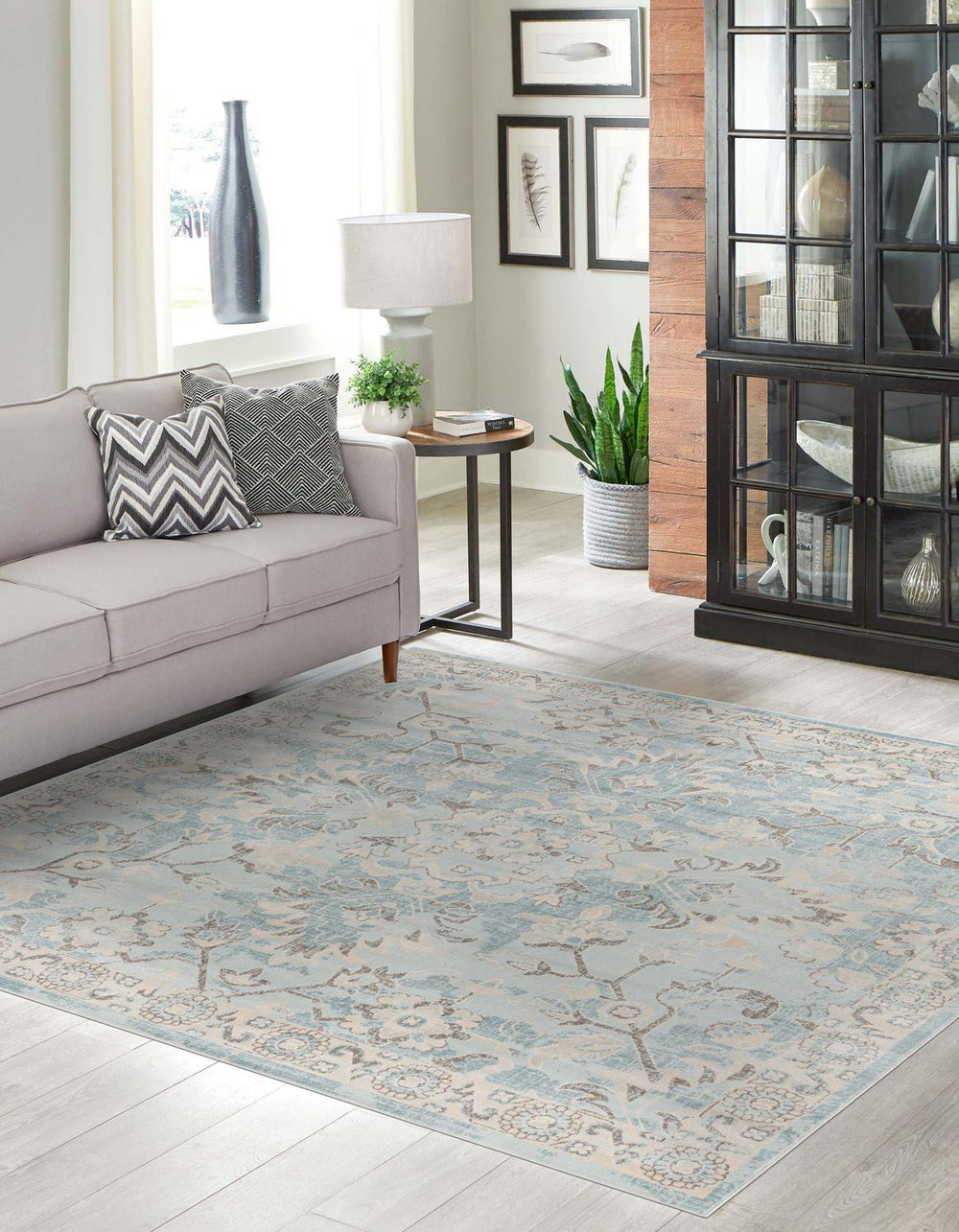 Unique Loom Paris Willow Machine Made Border Rug Light Blue, Beige/Light Blue/Blue/Tan 8' 0" x 8' 0"