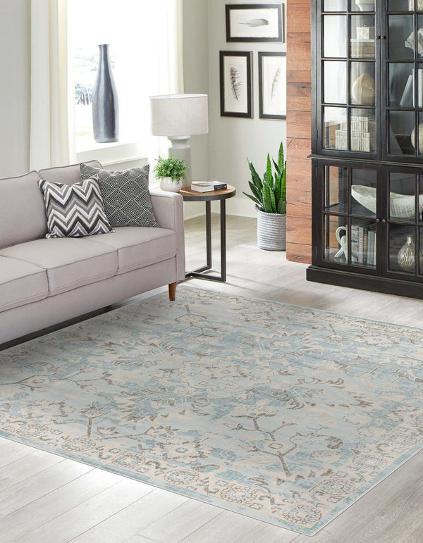 Unique Loom Paris Willow Machine Made Border Rug Light Blue, Beige/Light Blue/Blue/Tan 8' 0" x 8' 0"