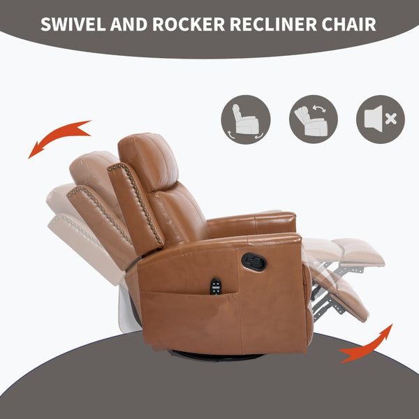 English Elm Deep Ochre Genuine Leather Swivel Rocker Recliner with Massage Heat for Living Room W1803P323711