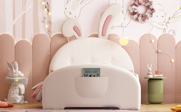 English Elm Twin Rabbit-Shape Upholstered Princess Bed with Headboard & Footboard, Sturdy Slat Platform, Durable MDF Frame White 42.91 L x 34.65 W x 6.5 H N733P198764K