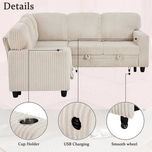 English Elm L-Shaped Sofa with Pull-Out Bed and Storage, 5-Seat Sectional with USB, Cup Holders, Cozy Chenille Beige W1998S00075