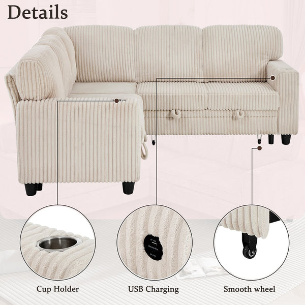 English Elm L-Shaped Sofa with Pull-Out Bed and Storage, 5-Seat Sectional with USB, Cup Holders, Cozy Chenille Beige W1998S00075