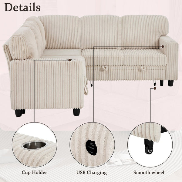 English Elm L-shaped Sectional Sleeper Sofa with Hidden Storage Usb Charging Corduroy Upholstery Beige W1998S00093