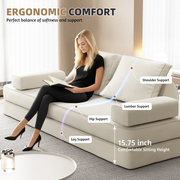 English Elm 86.6"Multifunctional Folding Sofa Bed with Chaise, Fluffy Chenille, Removable Backs & Pillows, Deep Seat Lounge Beige W3219P340665