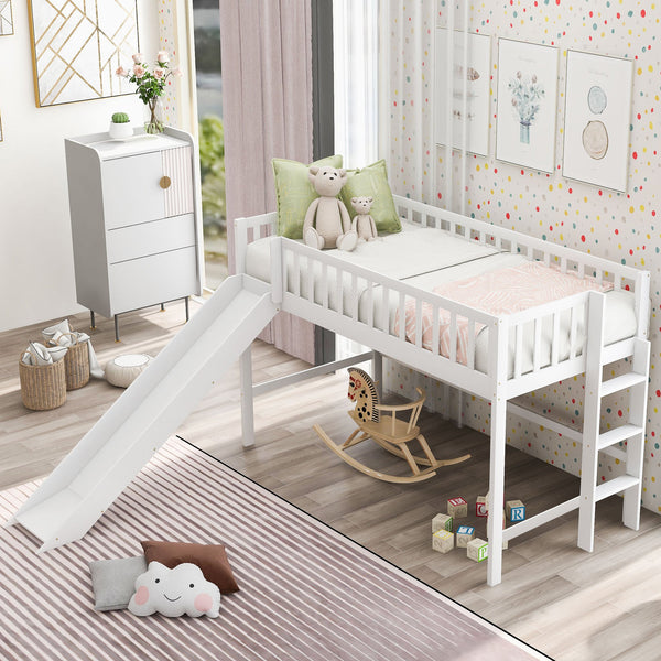 English Elm Twin Low Loft Bed with Slide and Ladder — Space-Saving Pine & MDF Frame, Quiet Durable Design White WF286078AAK