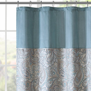JLA Home Madison Park - Jacquard shower curtain with woven paisley texture, contrast top stripe, durable machine-washable style Teal MP70-8320