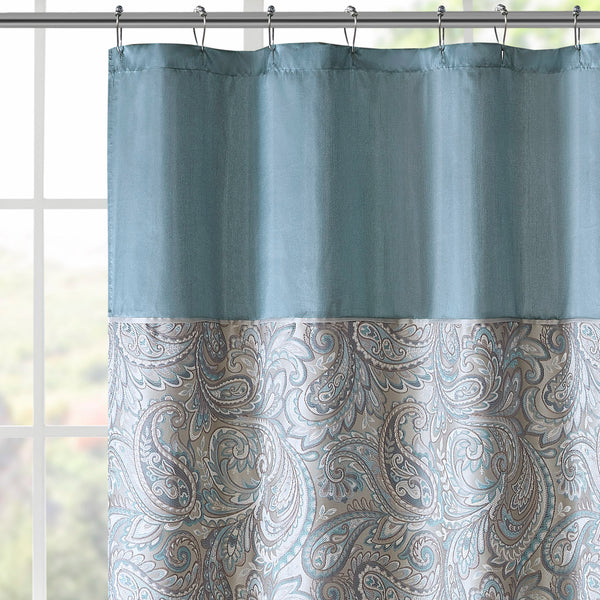 JLA Home Madison Park - Jacquard shower curtain with woven paisley texture, contrast top stripe, durable machine-washable style Teal MP70-8320