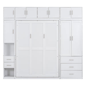 English Elm Full Full Size Murphy Bed with Lockers & Wardrobes in White — Space-Saving Foldaway Cabinet, Shelves, Drawers, Installation Video Included GX000392AAK